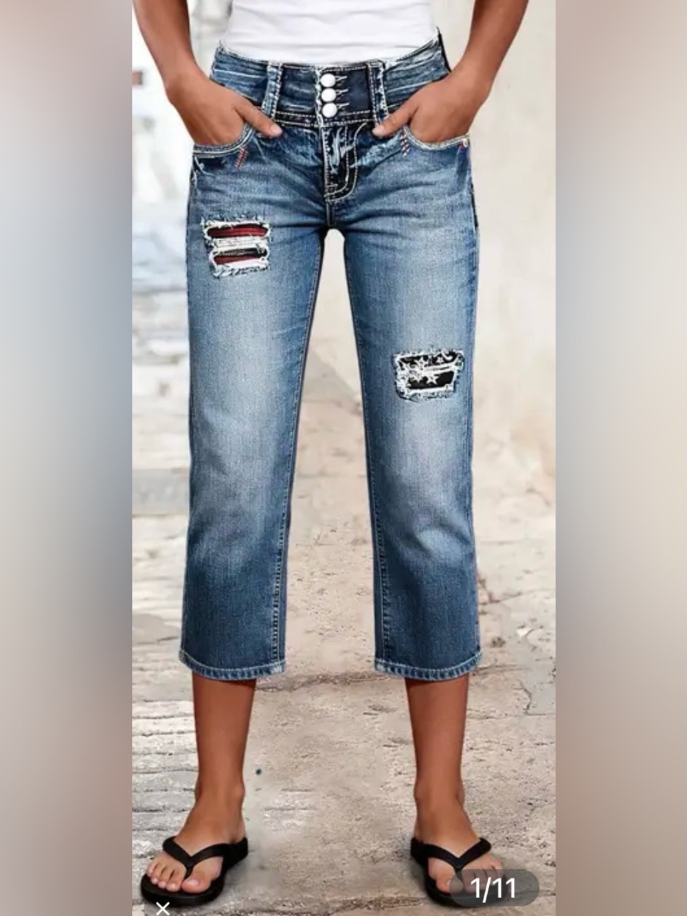 Flamingals Star Embroidered Patched Ripped High Rise Straight Leg Capri Jean